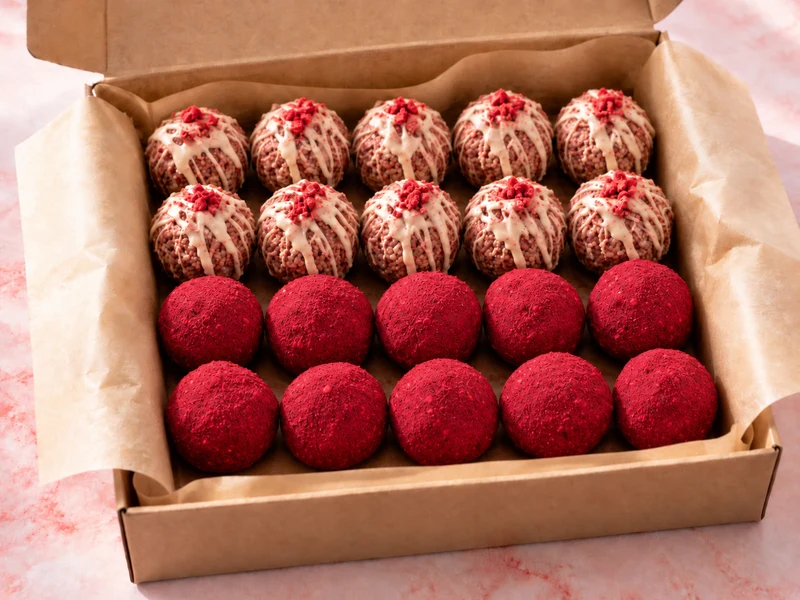 Strawberries & Cream and Raspberry Choc Bomb Amazeballs. GF, DF, vegan, raw. Box of 20 x 40g balls (10 of each)