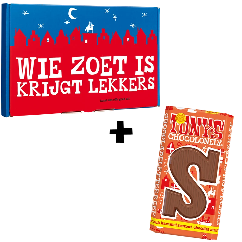 Sinterklaas chocoladeletter reep S melk karamel zeezout cadeauverpakking