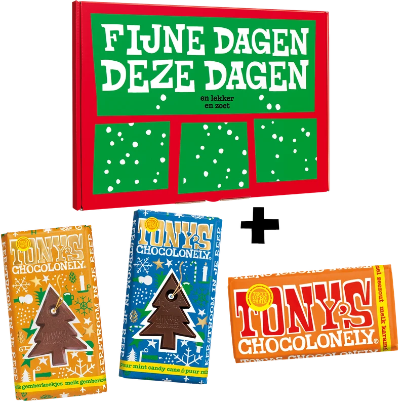 kerst chocolade cadeaupakket melk gemberkoekje, melk karamel zeezout en puur mint candycane