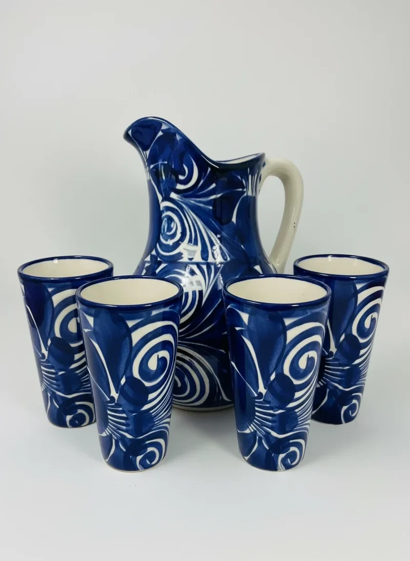 La Mexicana Talavera Pitcher with Tall Cups – 5 Items