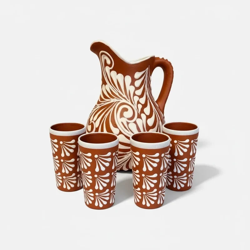 La Mexicana Terracotta Pitcher with Cups – Handcrafted Elegance from Mexico