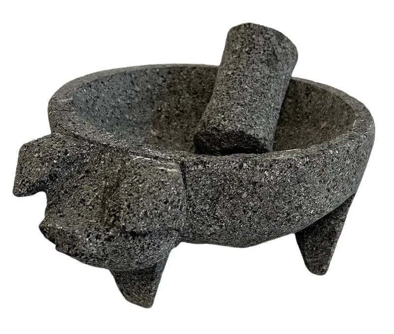 La Mexicana Basalt Stone Molcajete with Pig Head – 7" Handmade Mexican Mortar & Pestle